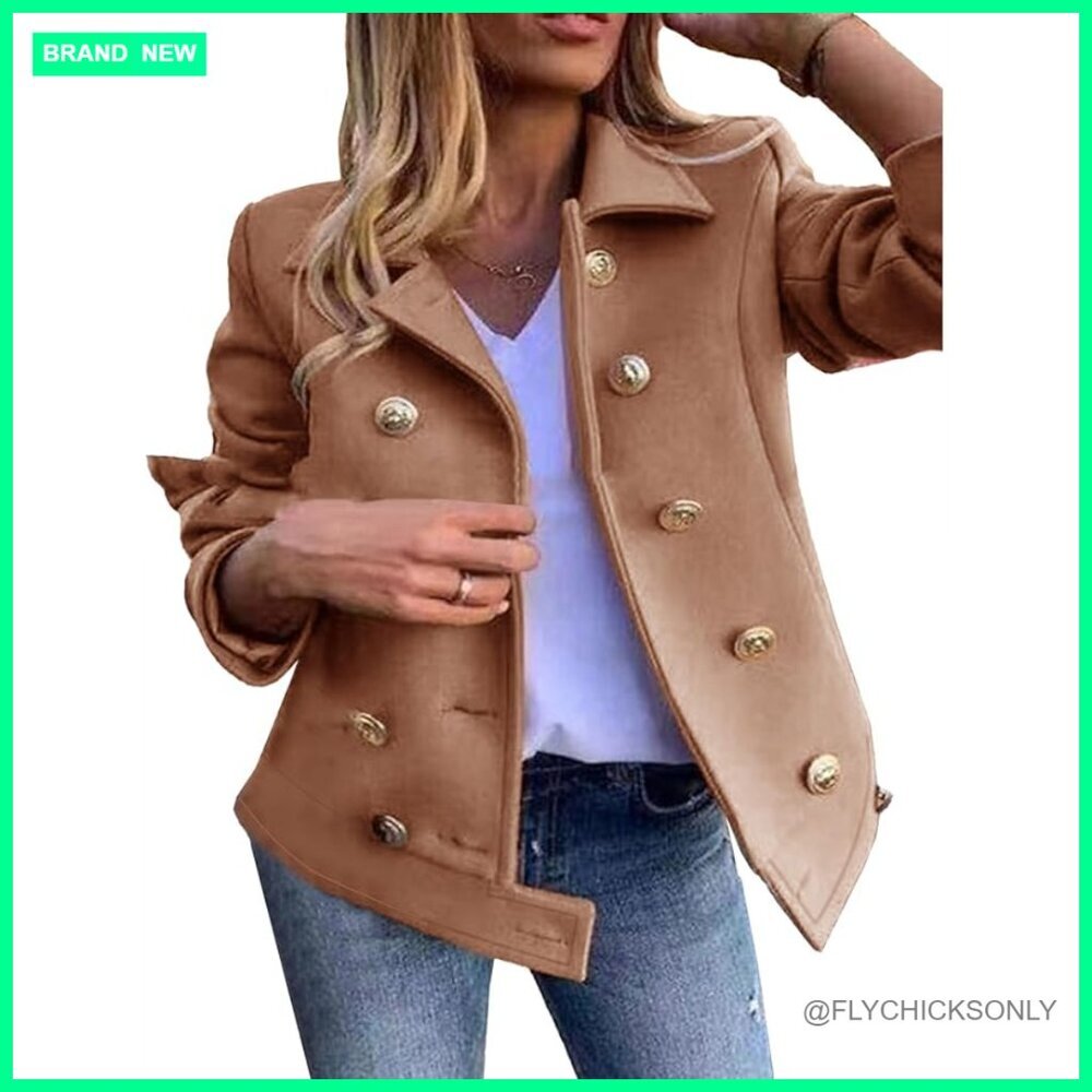 Wool Blend Cropped Double Breasted Pea Coat Slim Fitted Blazer